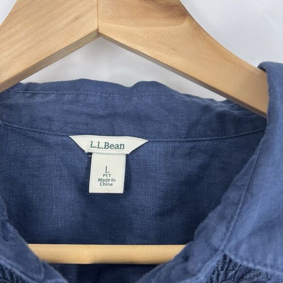 LL Bean Shirt Size Large Petite Womens Navy Linen Button Down Embroidered Top - Picture 4 of 9
